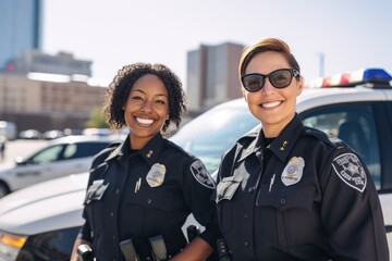 Fototapeta premium African American police officer and white police officer stand together. Multicultural police partners pose. African American with European colleague pose against police car before shift