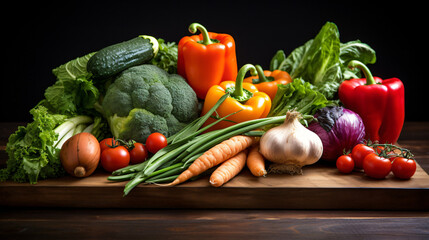 Vegetables on wooden chopping board in a headshot