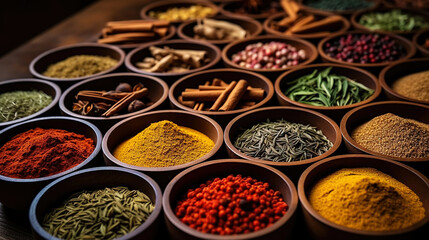 Collection of different aromatic spices, seeds and herbs in a small plates on wooden table, side view. Generative AI
