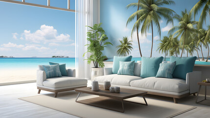 Fototapeta na wymiar A tropical wallpaper with palm trees, sandy beaches, and azure waters, evoking the serene ambiance of an island getaway.