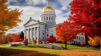 Vermont State House with vibrant fall leaves Montel