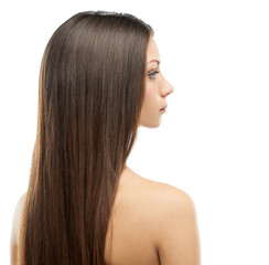 Naklejka premium Beauty, haircare and profile of woman isolated in studio with salon hairstyle, confidence and cosmetics. Hair, natural aesthetic and face of model girl with healthy style growth on white background.