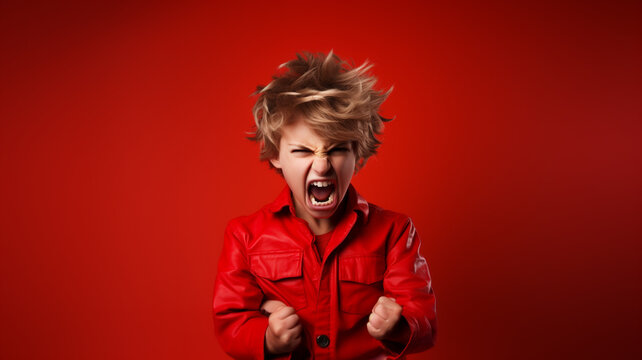 Angry irritated American boy on red background