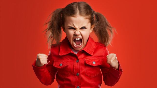 Angry irritated American girl on red background