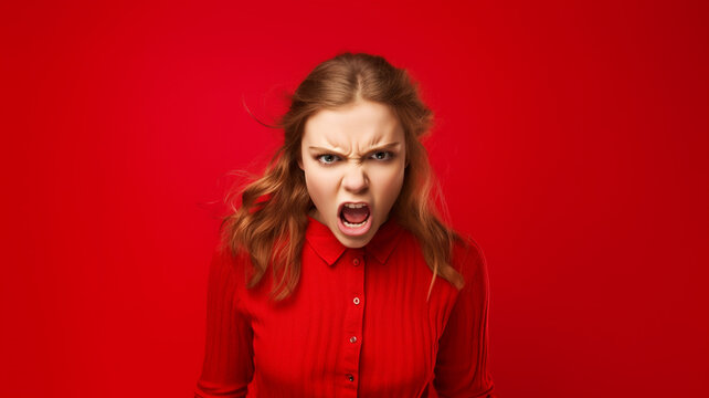 Angry irritated American girl on red background