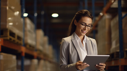 Businesswoman or supervisor uses a digital tablet to check the stock inventory in large warehouses - obrazy, fototapety, plakaty