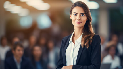 Fototapeta premium A female senior executive is standing in the office explaining her work plans in front of employees.
