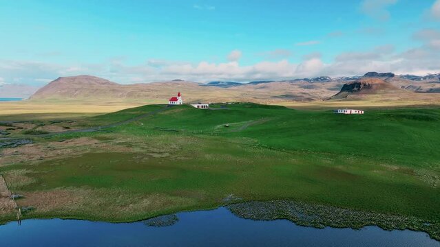 A Panoramic Vista of Church in Hellissandur, West Iceland - Drone Orbit

