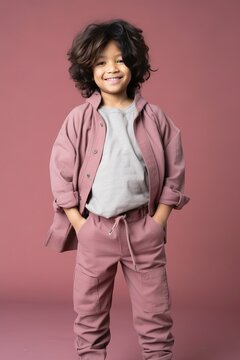 an Asian boy smiling in a pink jacket and pants, in the style of organic minimalism