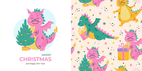Christmas pattern and card with cute green dragon