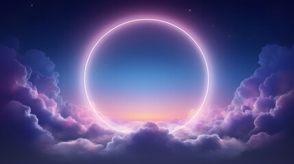 abstract geometric background, ring shape glows with neon light inside the soft colorful cloud, fantasy sky with blank linear round frame