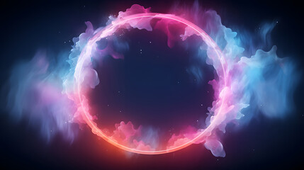 Fototapeta premium abstract geometric background, ring shape glows with neon light inside the soft colorful cloud, fantasy sky with blank linear round frame