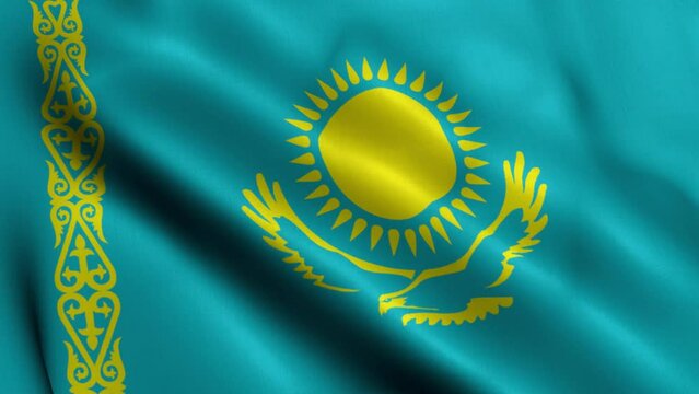 Kazakhstan Flag. Waving  Fabric Satin Texture Flag of Kazakhstan 3D illustration. Real Texture Flag of the Republic of Kazakhstan