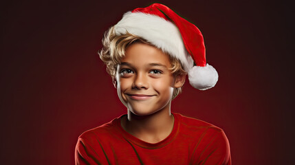 Teenager boy wearing a red Santa's hat, happy and smiling boy, Christmas festive time, Christmas...