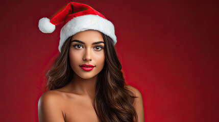Beautiful woman wearing a red Santa's hat, happy and smiling woman, Christmas festive time,...