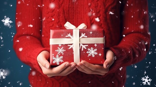 Cozy holiday delight: woman's hands embrace festive joy, holding Christmas gift box with evergreen charm on red background amidst snowfall – seasonal greetings image