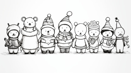 Naklejka premium Christmas Characters: Charming Child's Line Drawings 