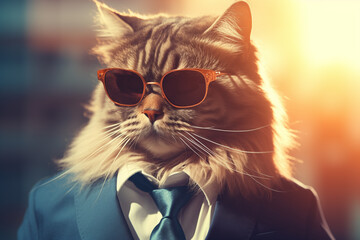 portrait of a cat wearing sunglasses and a suit with a tie and tongue.