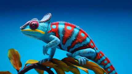 a colorful chameleon on a branch  on blue background - obrazy, fototapety, plakaty