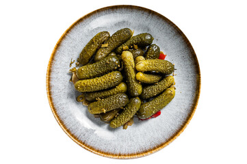 Plate with Pickled gherkins cucumbers on wooden board.  Transparent background. Isolated