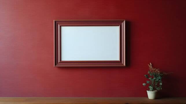 empty frame on the wall with flowers on red wall