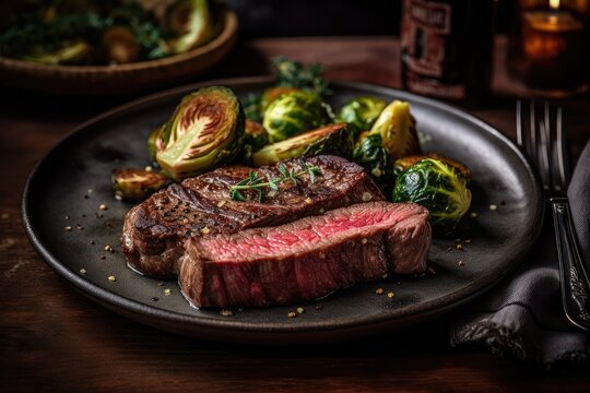 Marbled And Savory Ribeye Cap Steak with Roasted Brussel Sprouts, generative ai, ai, generative