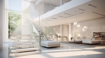 glass stairs and fence in a white interior