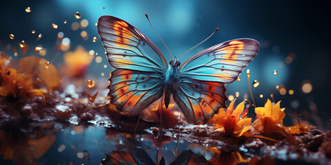 Wunderschöner Schmetterling in blauen Farben und Punkten im Querformat für Banner, ai generativ