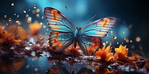 Foto op Plexiglas Wunderschöner Schmetterling in blauen Farben und Punkten im Querformat für Banner, ai generativ © www.freund-foto.de