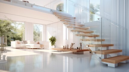 glass stairs and fence in a white interior