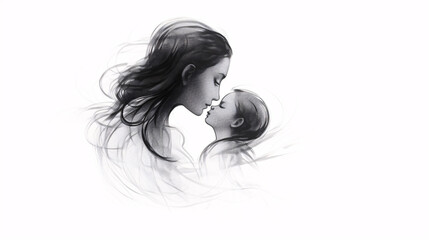 Black Pencil Sketch of Mother and Baby, Perfect for Family-Centric Designs and Emotional Editorial Spreads.