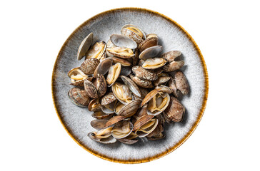Steamed cooked shells Clams vongole in a plate with herbs.  Transparent background. Isolated