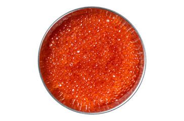 Red caviar in skillet on wooden board.  Transparent background. Isolated