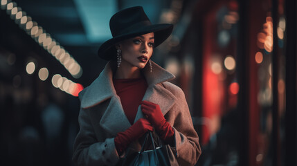Woman wearing a coat in winter in a shopping street for christmas shopping, at night in the dark with unsharp streetlights