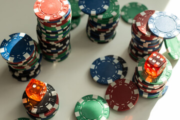Stacks of poker chips on a white background