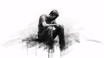 Black Pencil Sketch of Stressed Man on White Background, Perfect for Editorial Illustrations and Website Design.