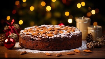 Fototapeta na wymiar Delicious and festive fruit cake with candied cherries, nuts, and powdered sugar on a wooden table