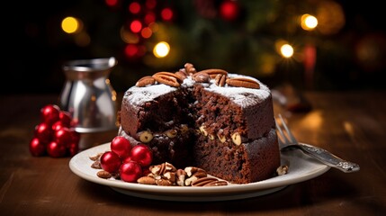 Fototapeta na wymiar Delicious and festive fruit cake with candied cherries, nuts, and powdered sugar on a wooden table