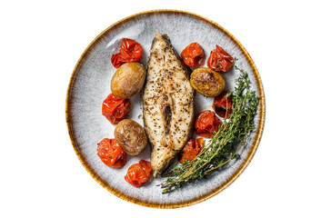 Grilled halibut fish steaks with tomato and potato in plate.  Transparent background. Isolated - obrazy, fototapety, plakaty