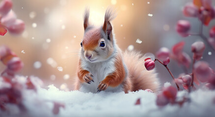 squirrel in the snow - obrazy, fototapety, plakaty