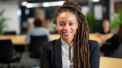 Fototapeta premium During a meeting in a company office, a woman with dreadlocks smiles at the camera.