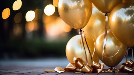 Golden balloons with ribbons on sparkling bokeh background for celebration and party