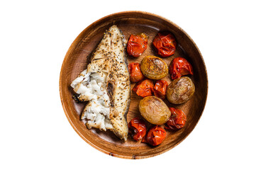 Baked halibut fish with roasted tomato and potato in wooden plate.  Transparent background. Isolated