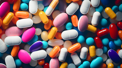 colorful pills scattered on the table - obrazy, fototapety, plakaty