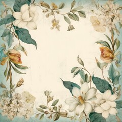 Vintage style botanical floral framed background with antique typographical texture