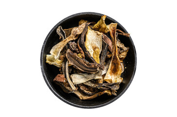 Mix of chopped wild dried mushrooms in a pan.  Transparent background. Isolated