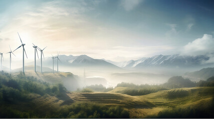 Alternative energy. Photovoltaic solar panel and wind turbines generating electricity in solar...