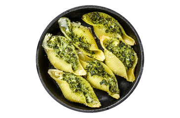 Jumbo shells italian pasta Conchiglioni konkiloni stuffed with beef meat and spinach.  Transparent background. Isolated