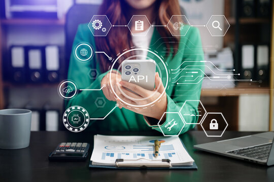 API Application Programming Interface, woman using laptop, tablet and smartphone with virtual screen API icon Software development tool, modern technology
