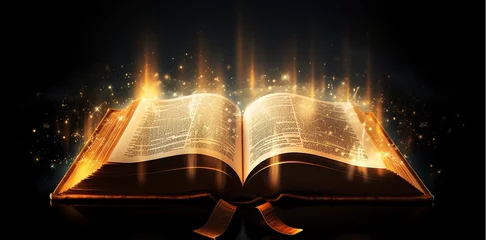 Foto op Plexiglas Burning with fire and smoke Holy Bible Gold Ancient Book banner, illuminated message Ai. © SavirinaArt